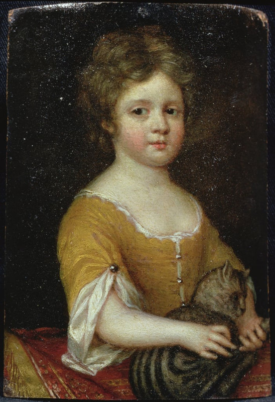 Mary-Beale-Portrait-of-a-Girl-with-a-Cat-c1665-70-oil-on-vellum-Meister-Drucke-181514