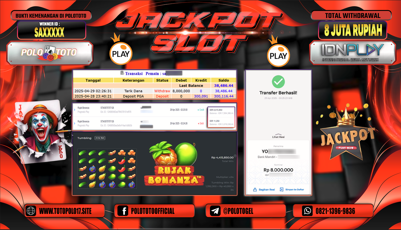 POLOTOTO JACKPOT SLOT RUJAK BONANZA Rp.8.000.000,-