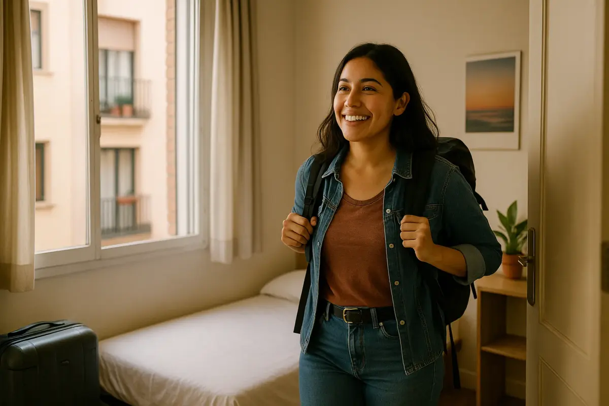 Inmigrante alquilando cuarto legal en España Mujer latina feliz en su habitación alquilada legalmente