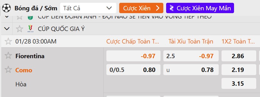 Tỷ lệ kèo ACF Fiorentina vs Como 1907