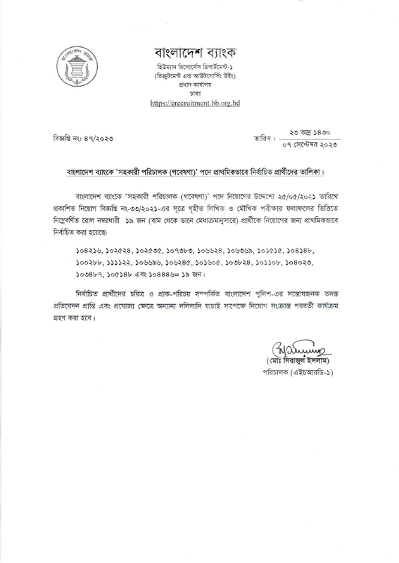 Bangladesh Bank Assistant Director (Research) Final Result 2023 PDF