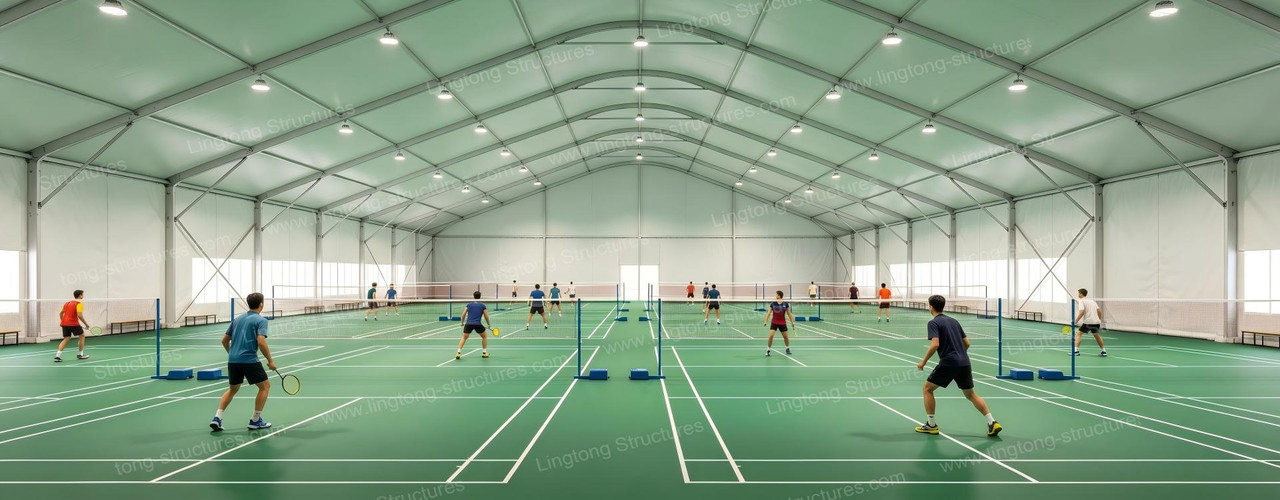 Large span aluminum sports court tent with clear interior for tennis, basketball and multi-sports activities