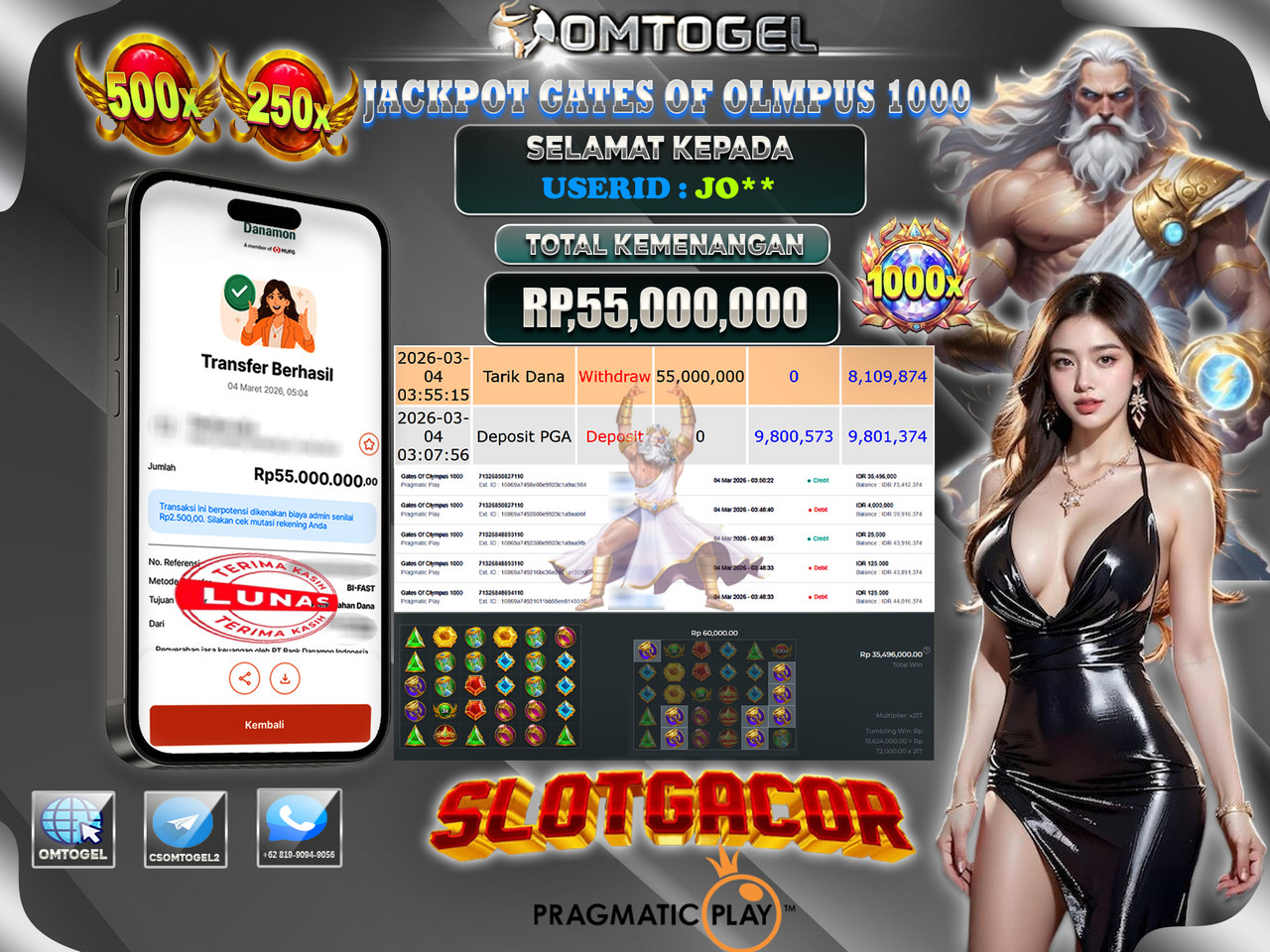 OMTOGEL JACKPOT PRAGMATIC PLAY GATES OF OLYMPUS 1000, 55 JUTA DI BAYAR LUNAS ,-