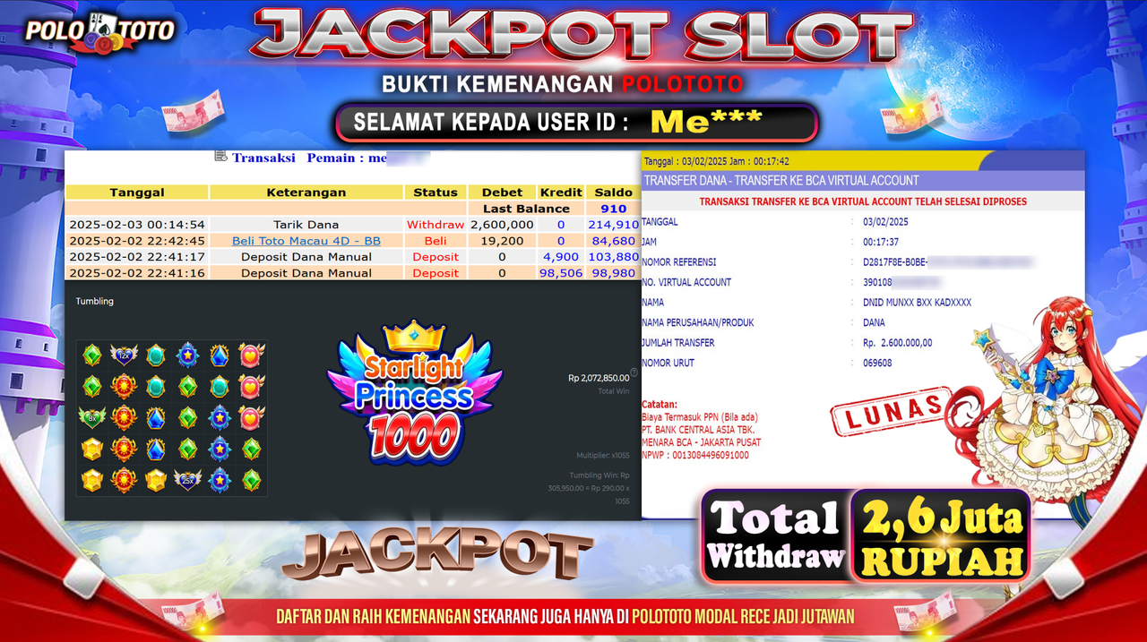 POLOTOTO JACKPOT SLOT STARLIGHT PRINCESS 1000 Rp.2,600.000,-