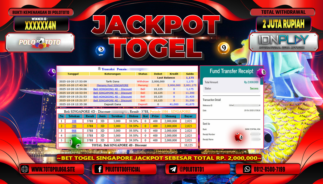 POLOTOTO JACKPOT TOGEL POOL SINGAPORE Rp.2.000.000,- LUNAS