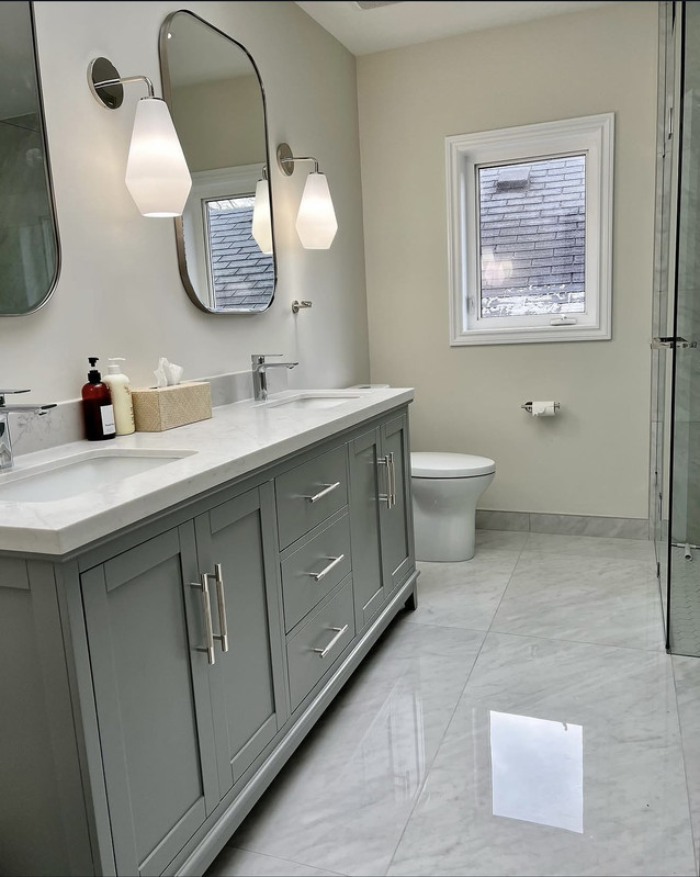 Double vanity sage shaker quartz countertop
