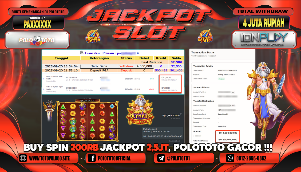 POLOTOTO JACKPOT SLOT GATES OF OLYMPUS SUPER SCATTER Rp.4.000.000,-