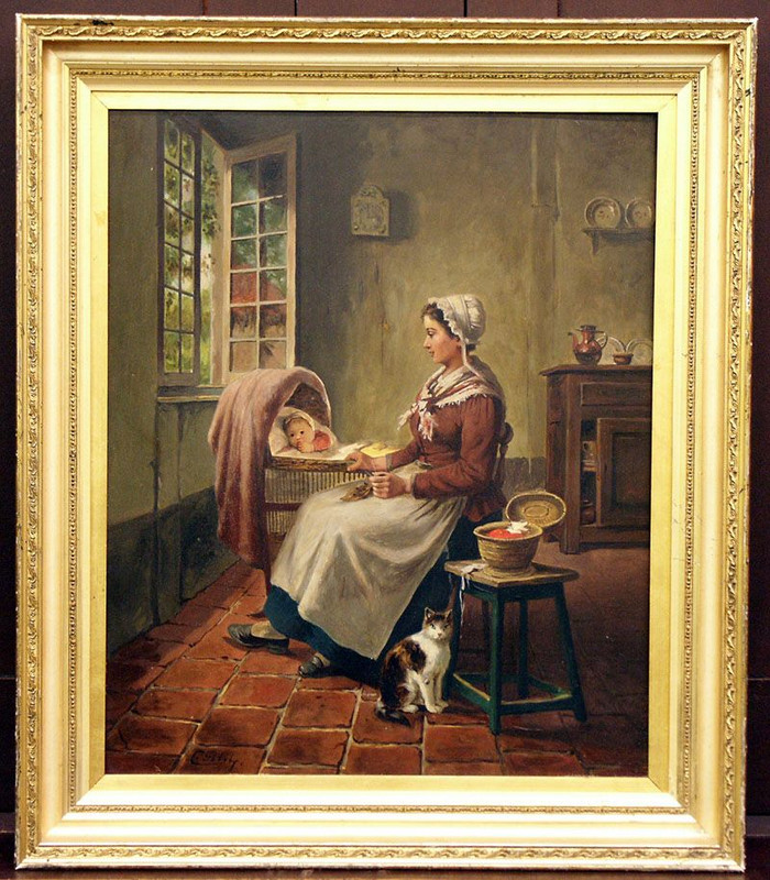 1-ori-T111-Fine-19th-C-French-Genre-Oil-Painting-On-Wood-Panel-Woman-With-Baby-By-Window-Artist-C-P