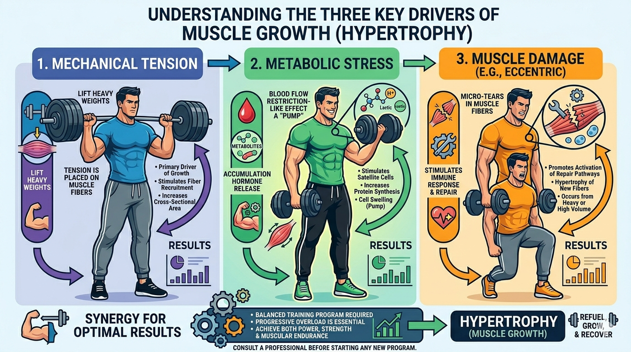 Infographic showing mechanical tension, metabolic stress, and muscle damage for hypertrophy