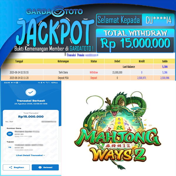 JACKPOT DI PERMAINAN  SLOT PG SOFT MAHJONG WAYS 2 WD Rp 15.000.000,- DIBAYAR LUNAS GARDATOTO MANTAP !