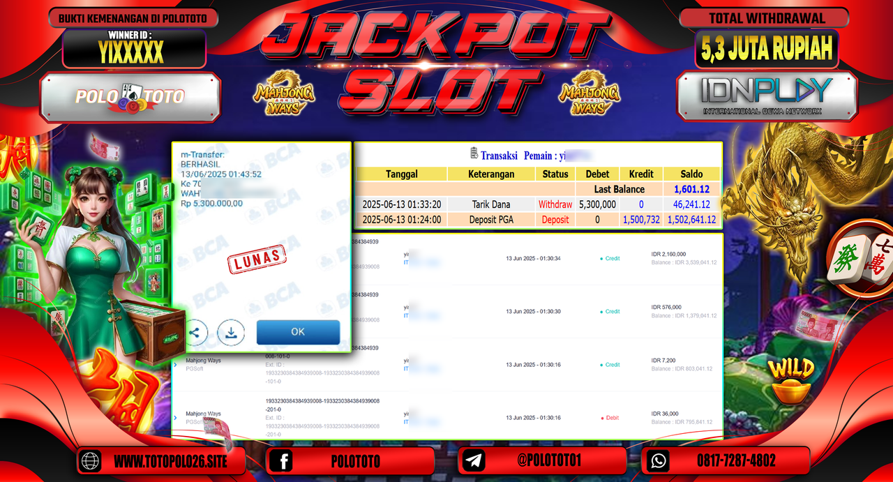POLOTOTO JACKPOT SLOT MAHJONG WAYS Rp.5.300.000,-