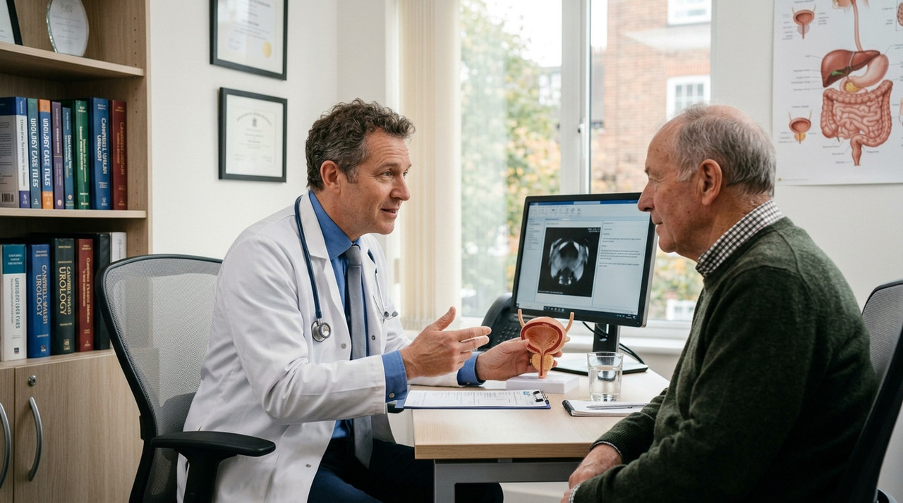 Врач показывает пациенту макет мочевого пузыря