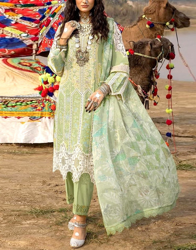 Luxurious Schiffli Embroidered Lawn Dress with Printed Silk Dupatta