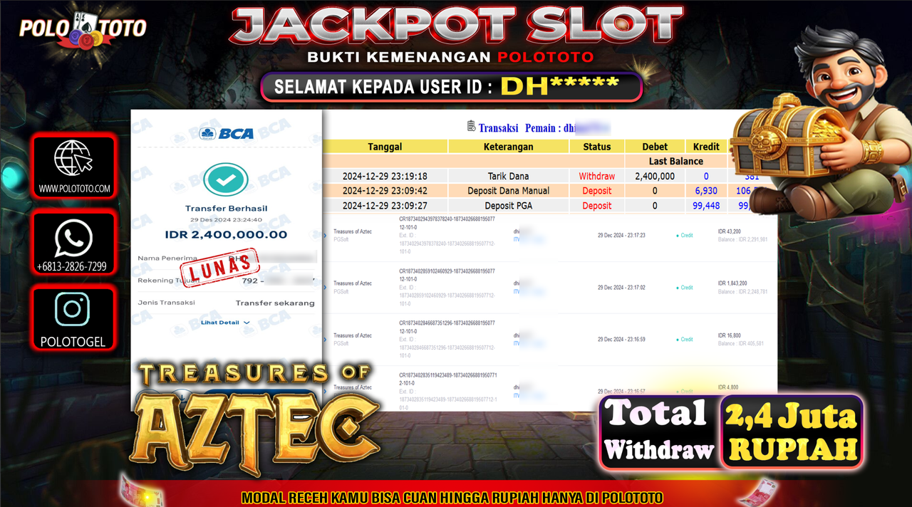 POLOTOTO JACKPOT SLOT TREASURES OF AZTEC Rp.2,400.000,-