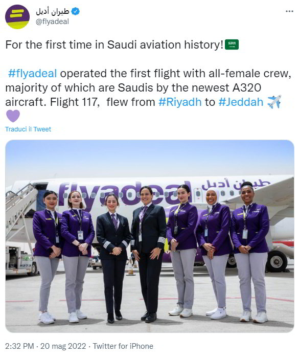 Flyadeal Airlines effettua il primo volo con equipaggio tutto al femminile nella storia dell'Arabia Saudita Flyadeal Airlines effettua il primo volo con equipaggio tutto al femminile nella storia dell'Arabia Saudita