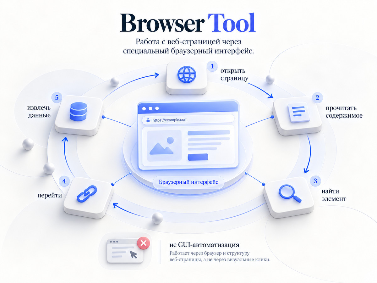 Схема Browser Tool: открыть веб-страницу, прочитать содержимое, найти элемент, перейти и извлечь данные