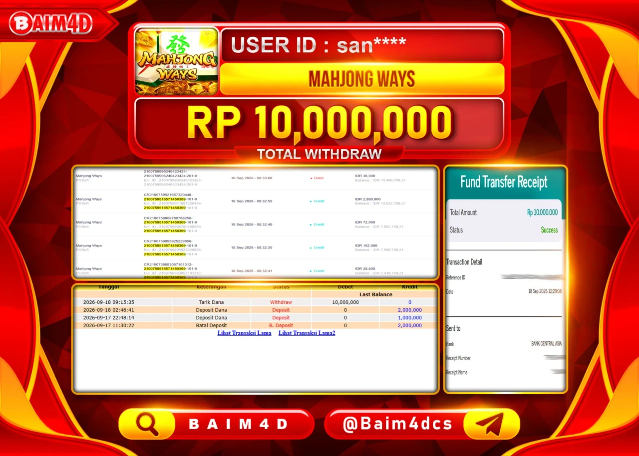 BAIM4D JACKPOT SLOT MAHJONG WAYS PG SOFT Rp.10,000,000 - LUNAS