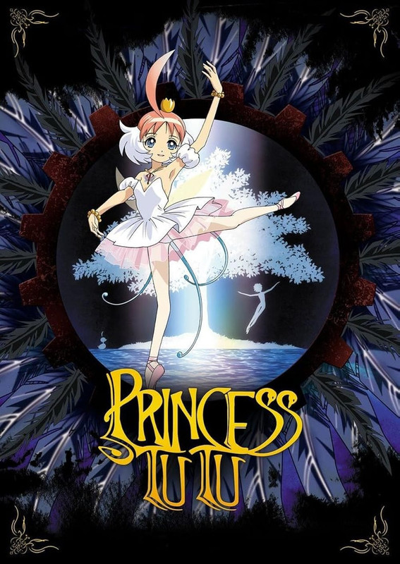 anime character in a floofy white tutu with her hair in a long, pink braid, surrounded by raven feathers.