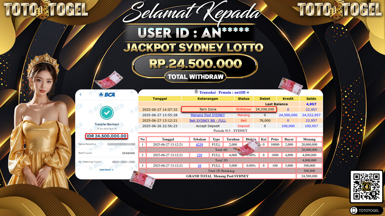 Bukti Pembayaran Jackpot Permainan Togel Sydney Lotto ID:AN***** LUNAS