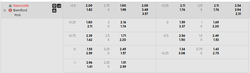 Tỷ lệ kèo Newcastle vs Brentford