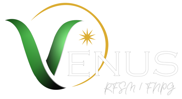Logo Vénus (mot entier Lettres blanches contour noir) demi lune et étoile