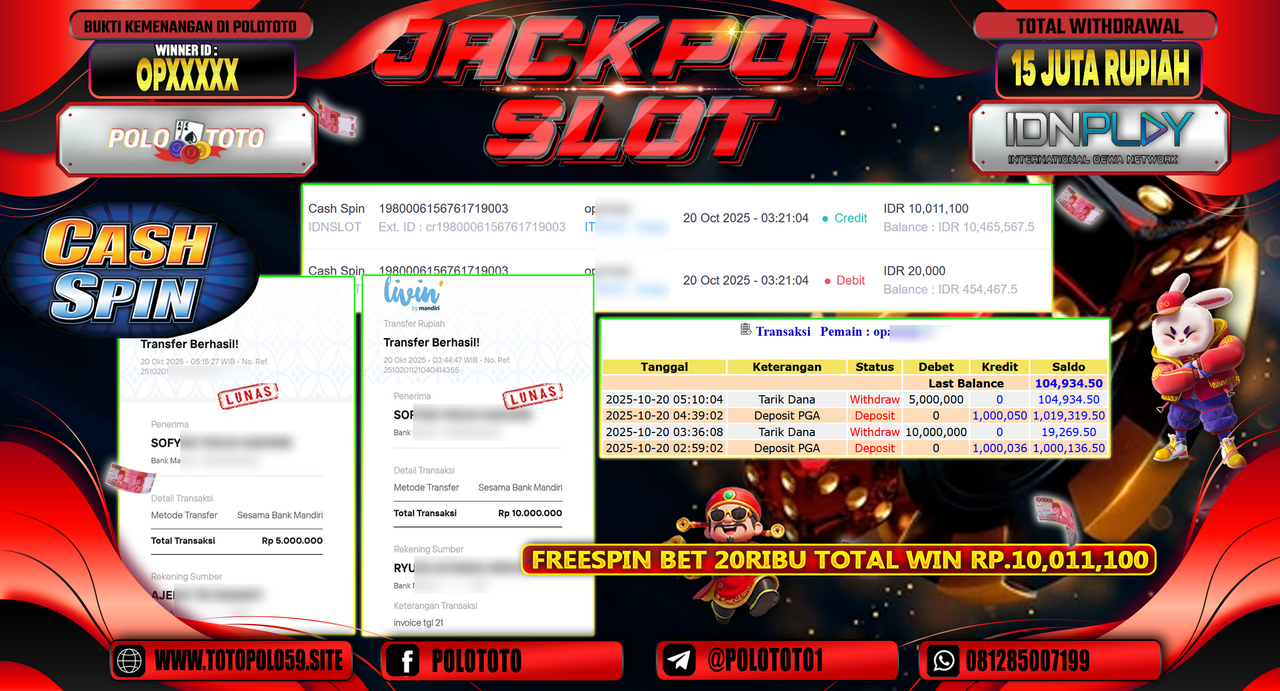 POLOTOTO JACKPOT SLOT CASH SPIN IND SLOT Rp.15.000.000,- LUNAS