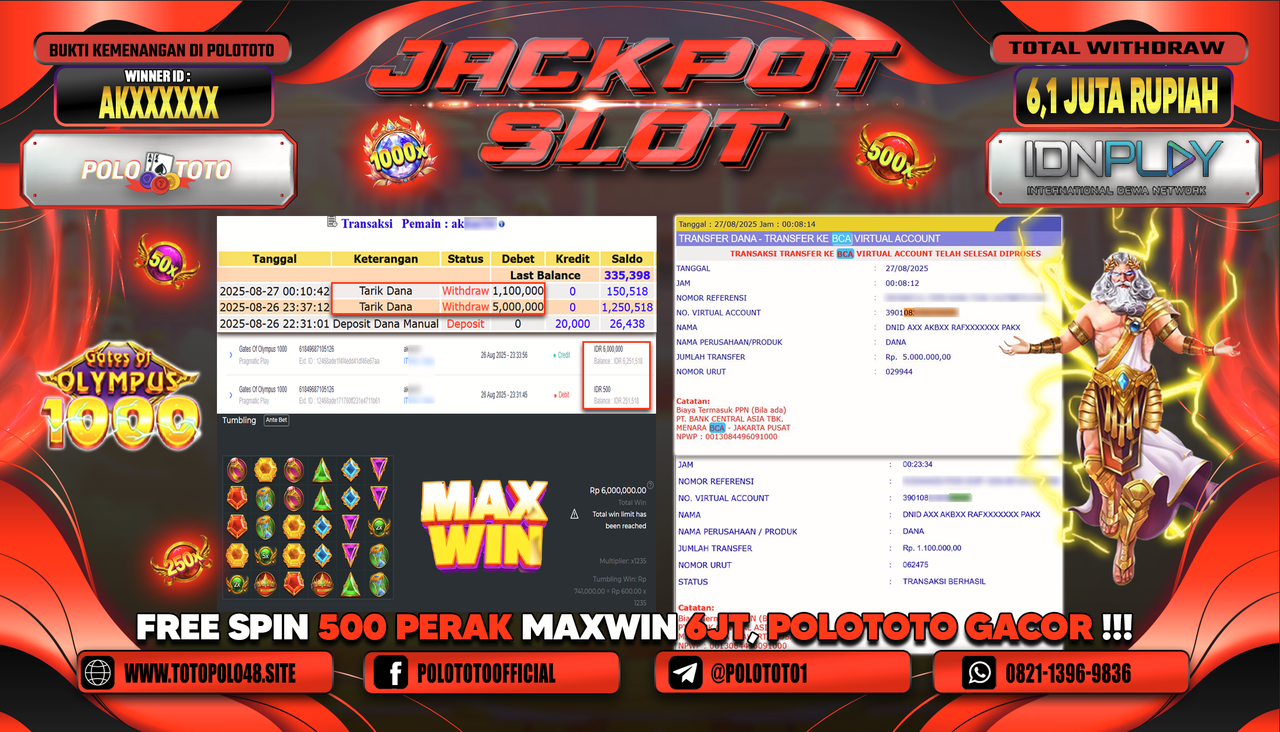 POLOTOTO JACKPOT SLOT GATES OF OLYMPUS 1000 Rp.6.100.000,-