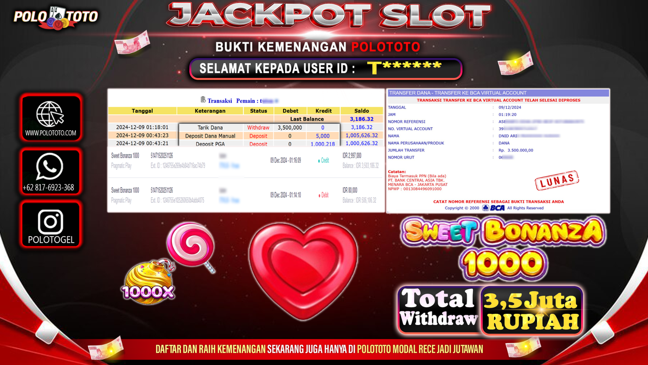 POLOTOTO JACKPOT SLOT SWEET BONANZA 1000 Rp.3,500.000,-