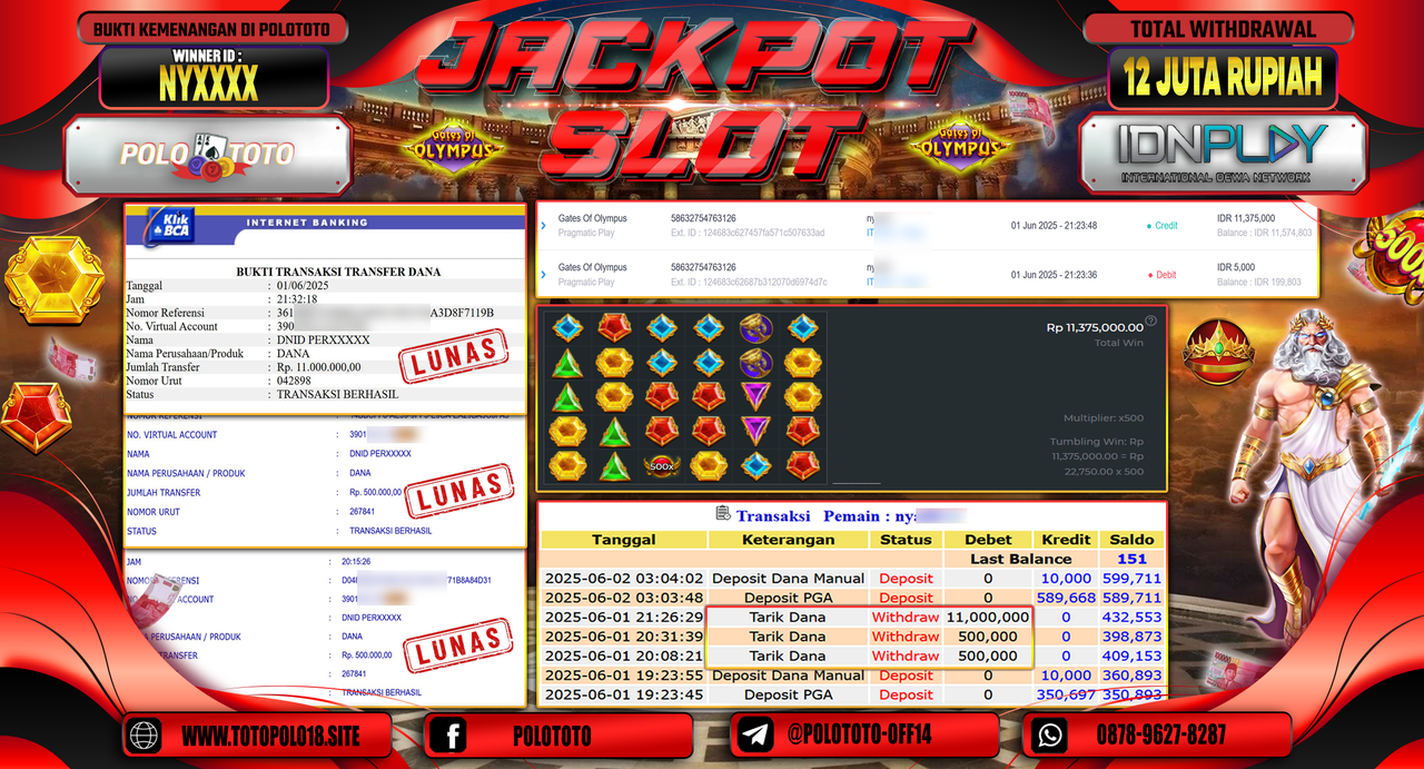 POLOTOTO JACKPOT SLOT GATES OF OLYMPUS Rp.12.000.000,-