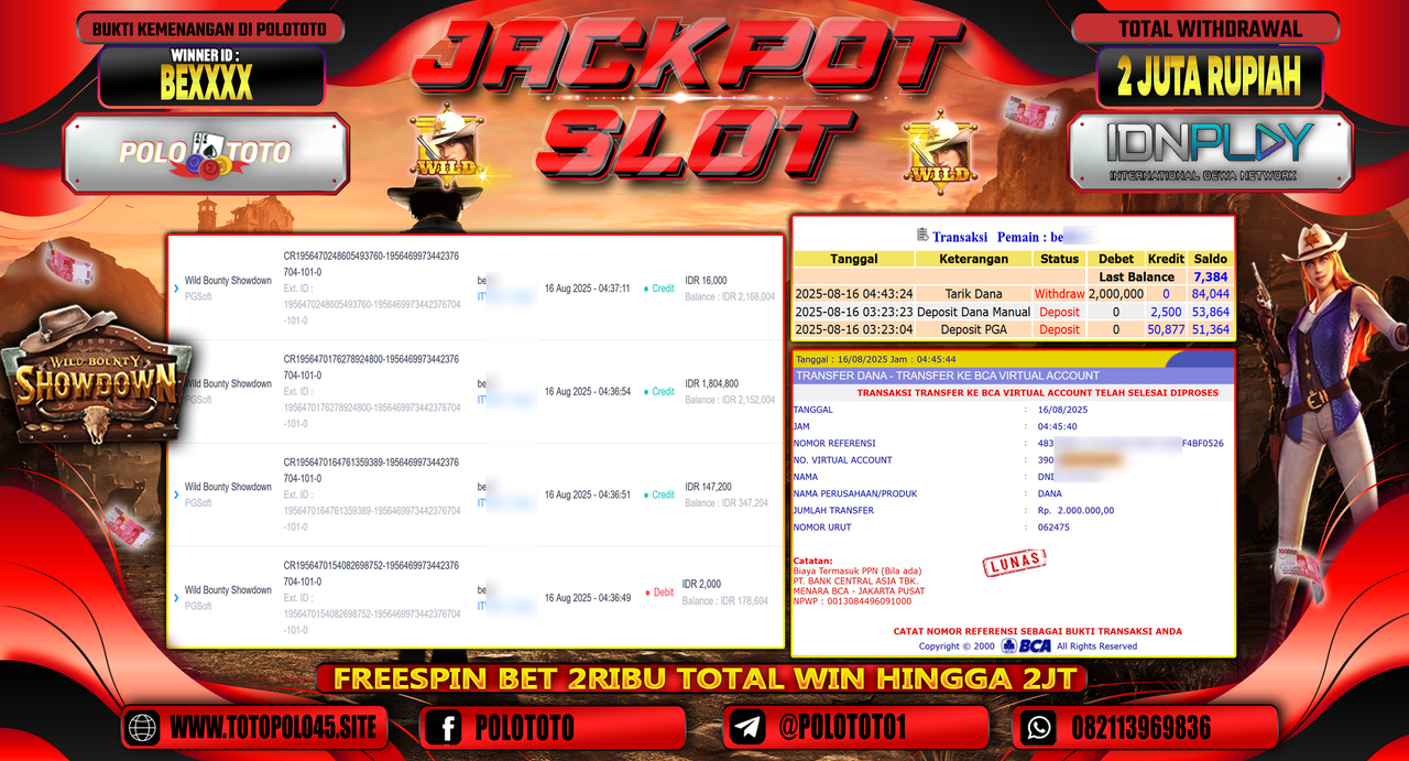 POLOTOTO JACKPOT SLOT WILD BOUNTY SHOWDOWN Rp.2.000.000,-