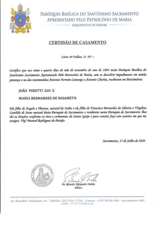 REGISTRO MATRIMÔNIO RELIGIOSO SACRAMENTO