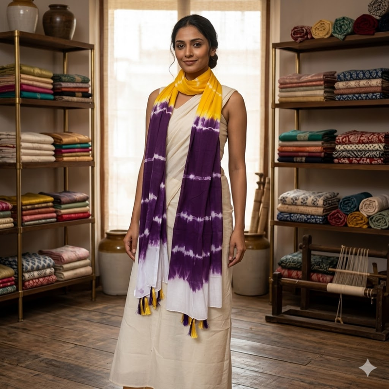 Royal Purple with Yellow Bliss Tie & Dye MulMul Cotton Dupatta