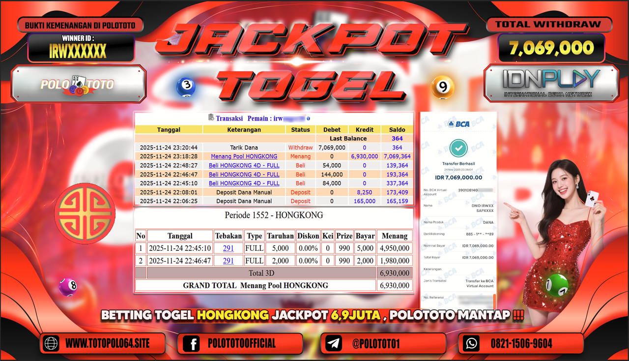 POLOTOTO JACKPOT TOGEL MENANG HONGKONG LOTTO Rp.7.069.000,- LUNAS
