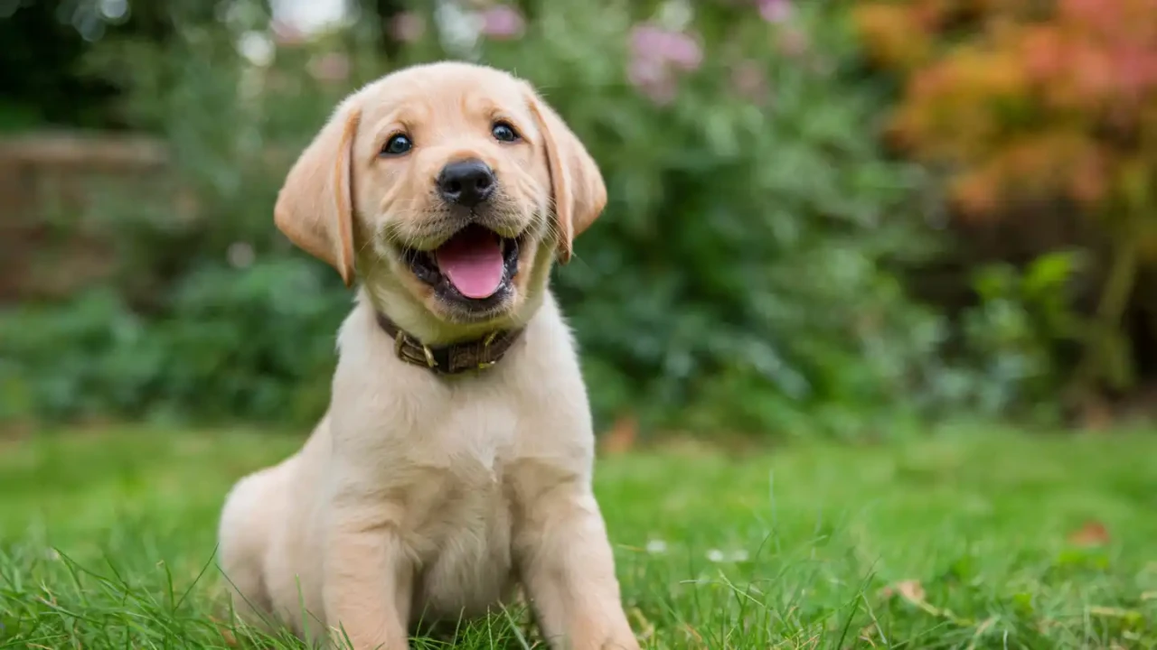 A yellow Labrador retriever puppy sitting outdoors on grass mouth open in a friendly expression