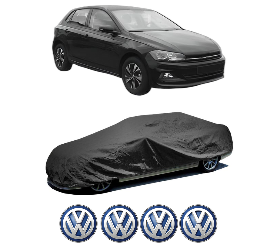 Husa tip prelata auto pentru Volskwagen POLO VI (AW1, BZ1, AE1) din 2017-2021, Culoare Negru, material textil impermeabil, rezistanta la intemperii praf UV, CARPASSION Husa Protectie, 4 Stickere auto cu Volskwagen