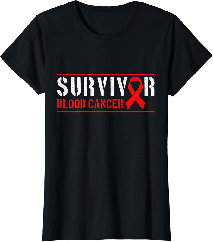 Blood Cancer Survivor Red Ribbon Cancer Design Ladies' Crewneck T-Shirt - Picture 2 of 5