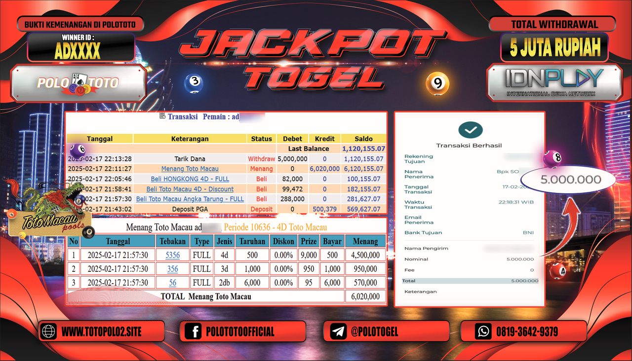 POLOTOTO JACKPOT TOGEL TOTO MACAU Rp.5.000.000,-