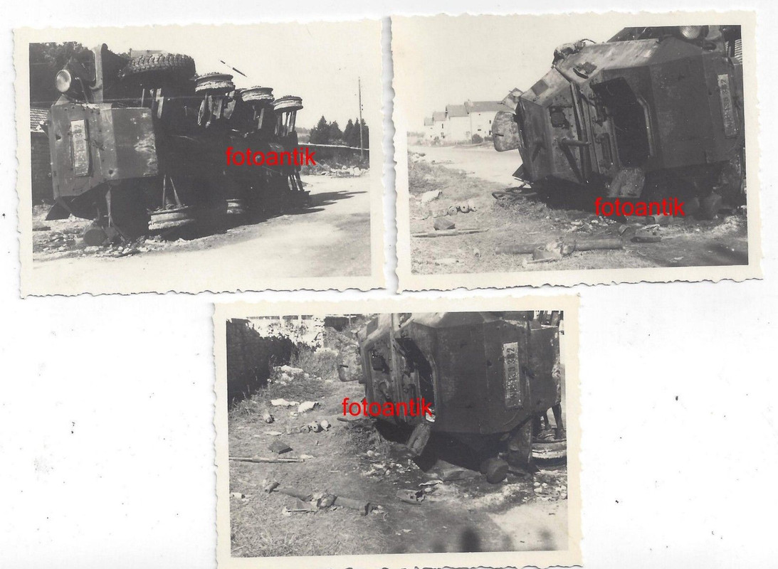 Foto, Panzer zerstörter deutscher Spähpanzer mit Kennung, abgesc
