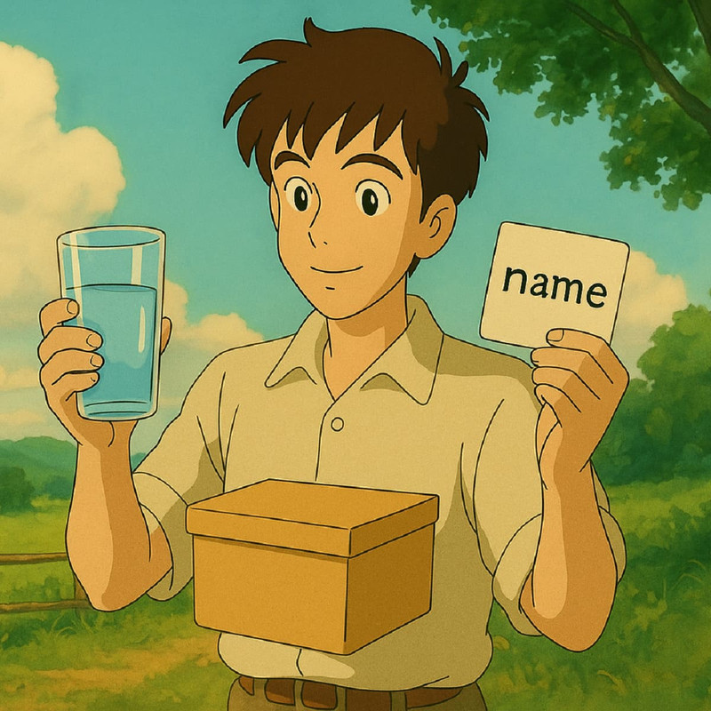 Ilustración educativa que representa los tipos de datos simples en Python con un vaso, una caja y una tarjeta, cada uno como analogía de números flotantes, enteros y cadenas de texto.