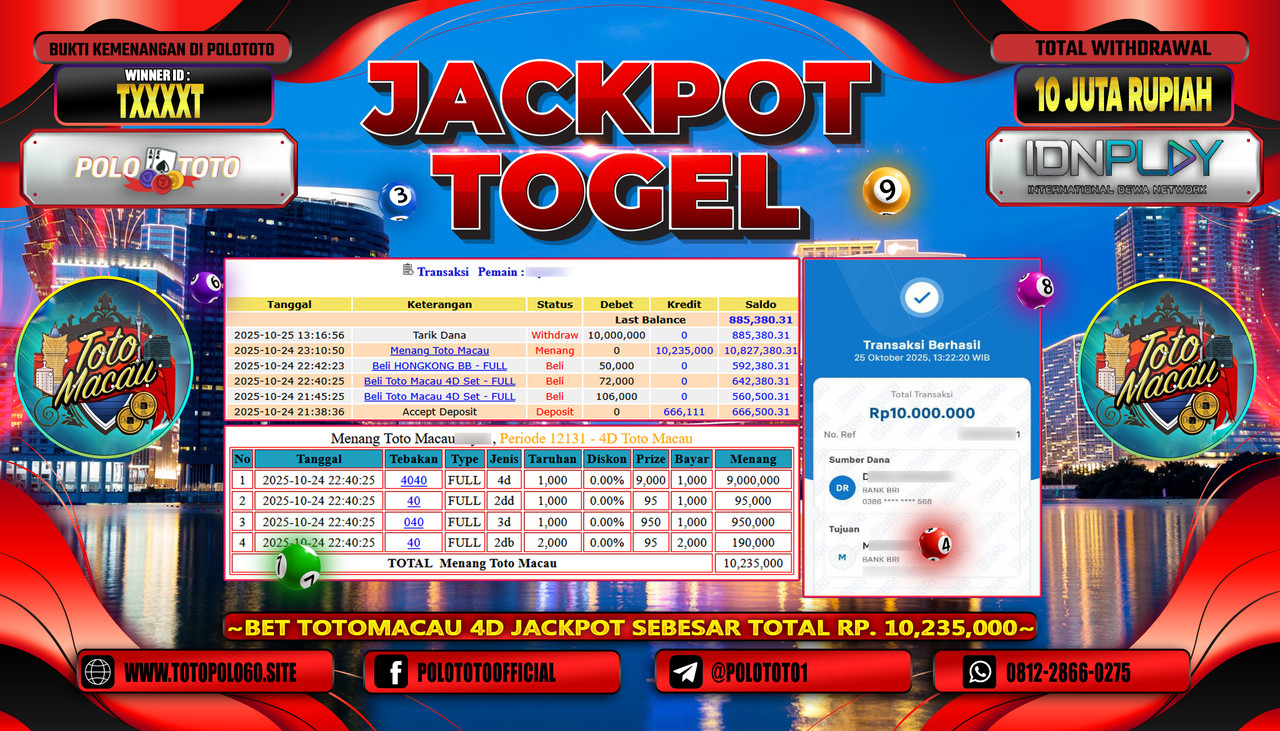 POLOTOTO JACKPOT TOGEL TOTO MACAU Rp.10.000.000,- LUNAS