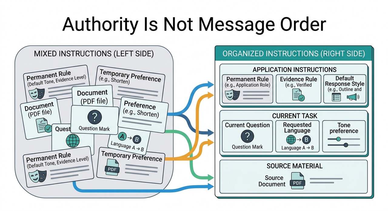 Which instructions belong in a system prompt versus the first user message — diagnose instruction authority and placement