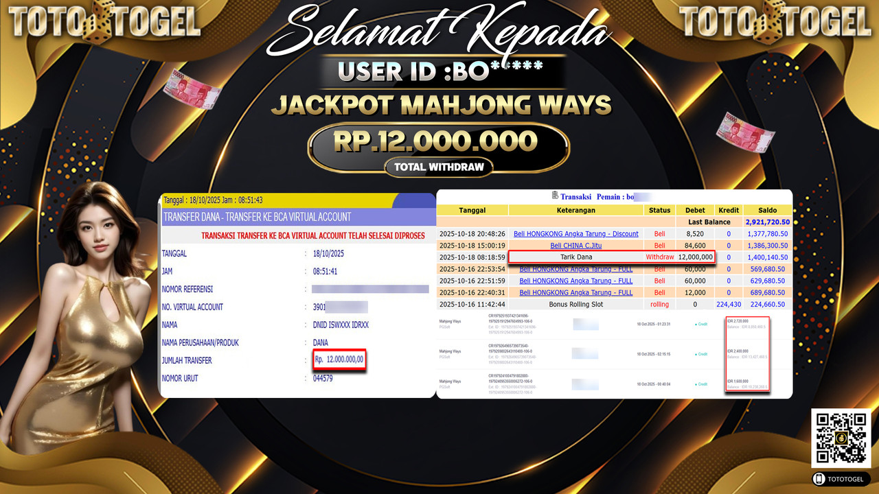 Bukti Pembayaran Jackpot Permainan Slot Mahjong Ways  ID:BO**** LUNAS