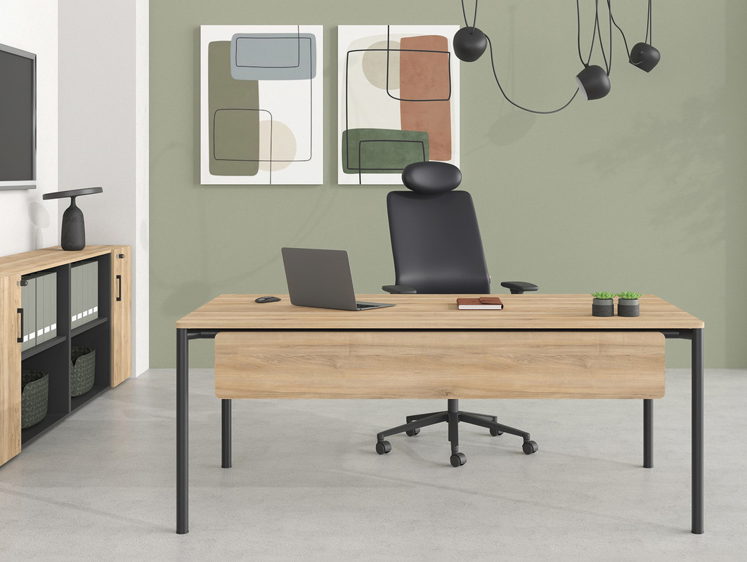 A modern executive office with a sleek, white curved desk and a large window overlooking a city.