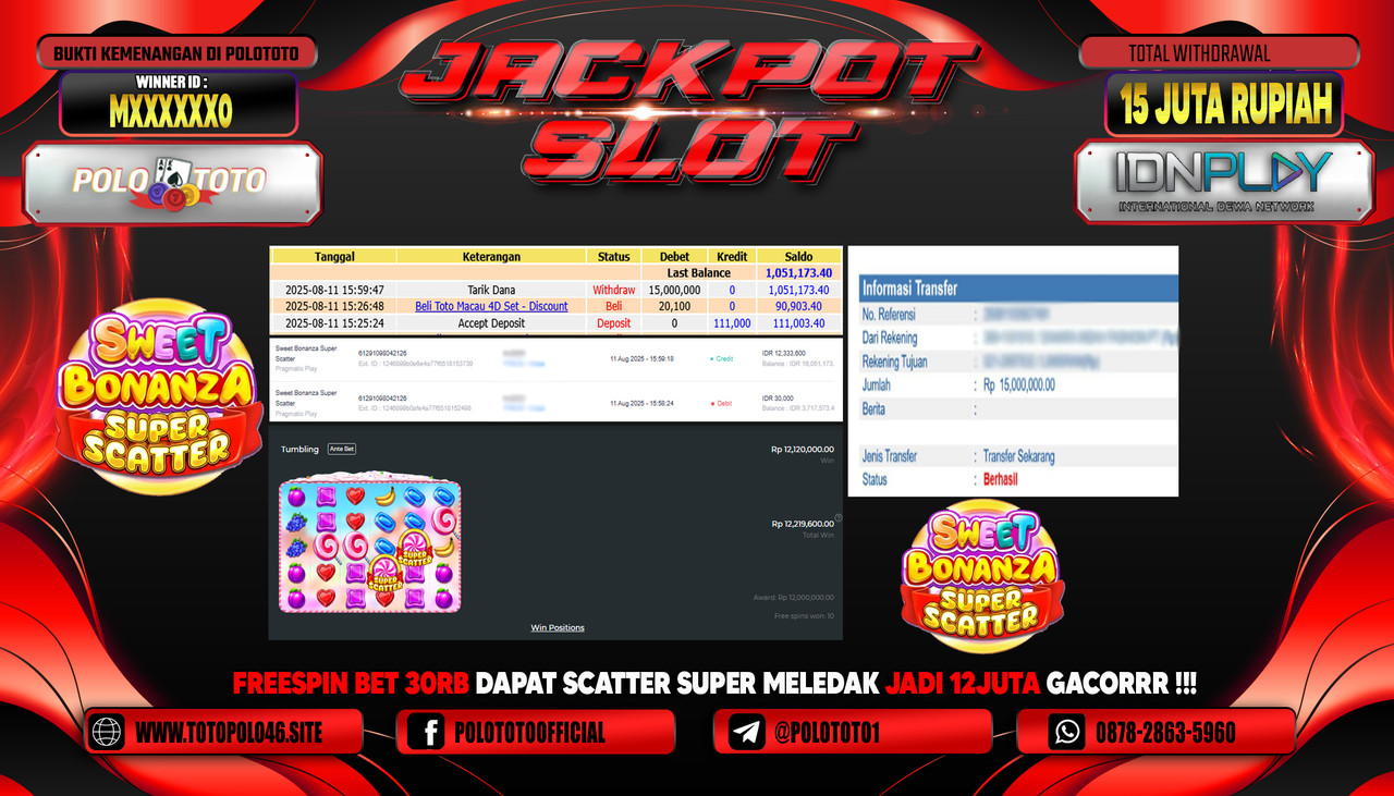 POLOTOTO JACKPOT SLOT SWEET BONANZA SUPER SCATTER Rp.15.000.000,-LUNAS