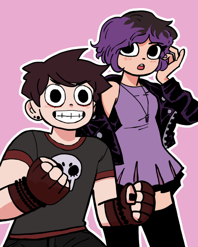 A digital redraw of an image of Scott Pilgrim and Ramona, drawn instead as the webmaster, Charlie, and his girlfriend, Eden. Charlie, drawn as Scott, wears black and red and holds his fists in front of him with a confident, smiling expression. Eden, drawn as Ramona and wearing a purple dress and jacket, tucks her purple-dyed hair behind her ear and looks off-screen.