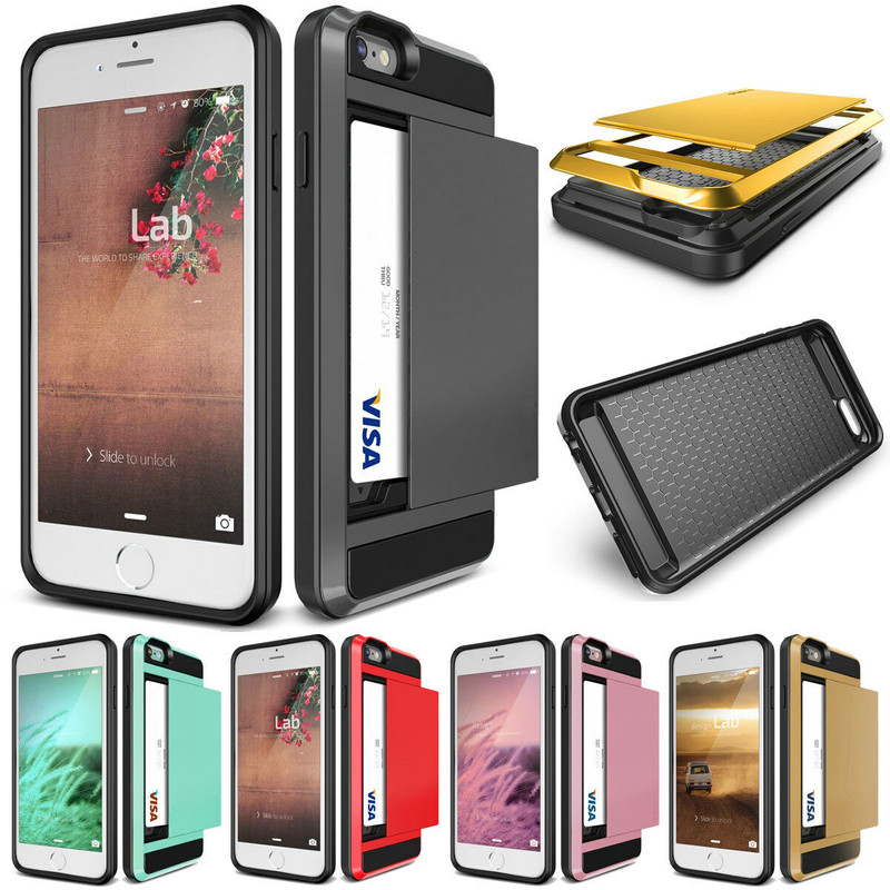 Credit Card Phone Case Hard Back Slide iPhone 5 6 7 8 X 6+ 7+ Samsung