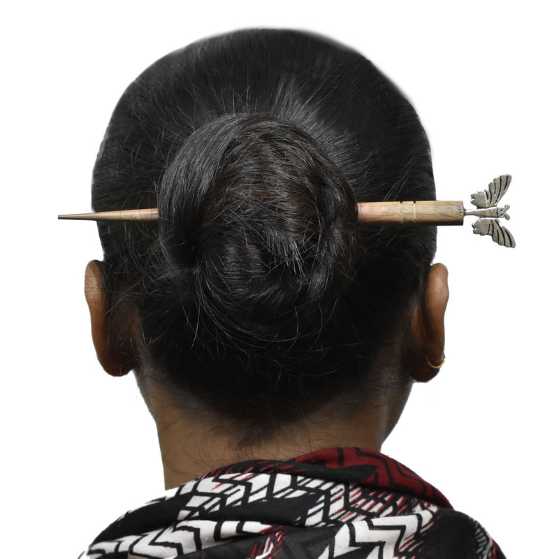 Women Juda Hair Pin Wood & Metal Handmade Beautiful Design Traditional Stick Pin - Picture 9 of 40