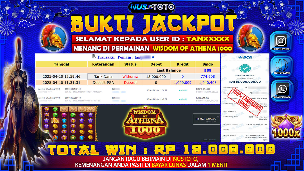 JACKPOT !! MENANG BESAR DI SLOT WISDOM OF ATHENA 1000 Rp. 18.000.000 LANGSUNG DI BAYAR LUNAS NUSTOTO !!
