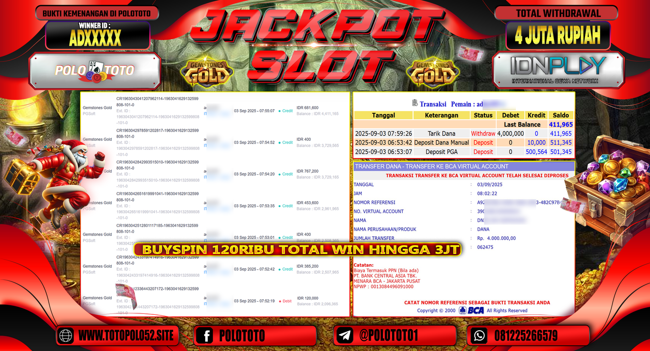 POLOTOTO JACKPOT SLOT GAMESTONES GOLD Rp.4.000.000,-