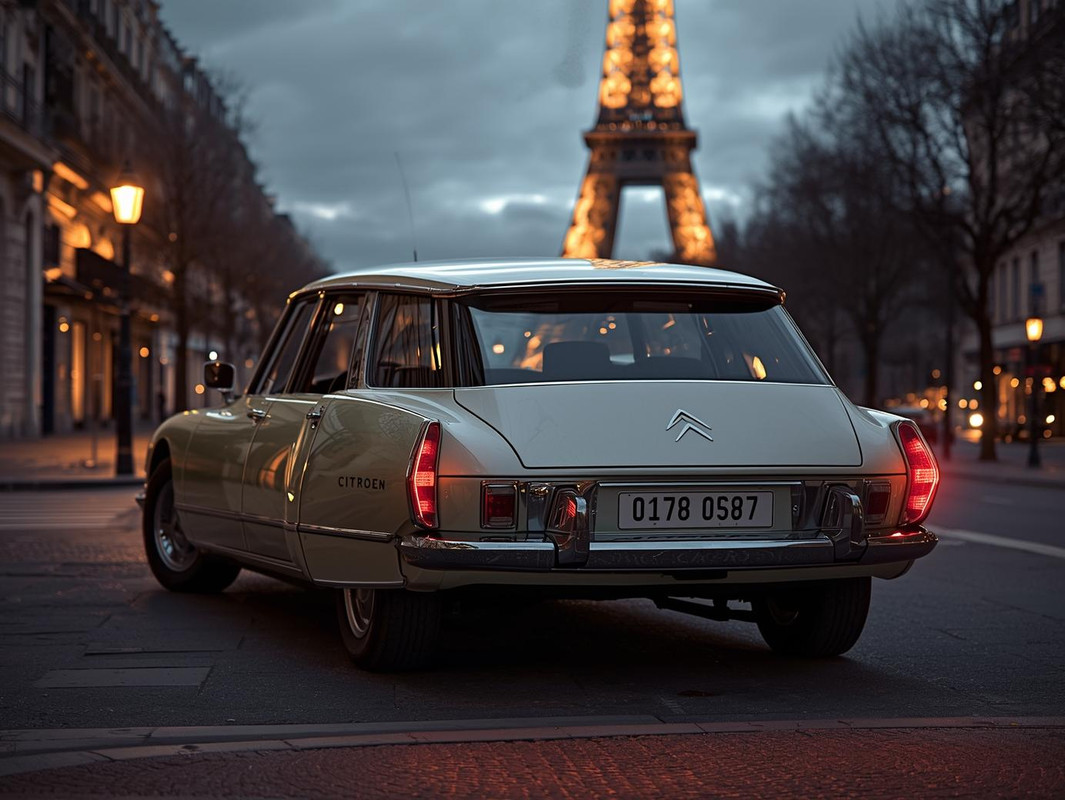 A futuristic reinterpretation of the Citroën DS Break around 1970, viewed from the rear left side, p